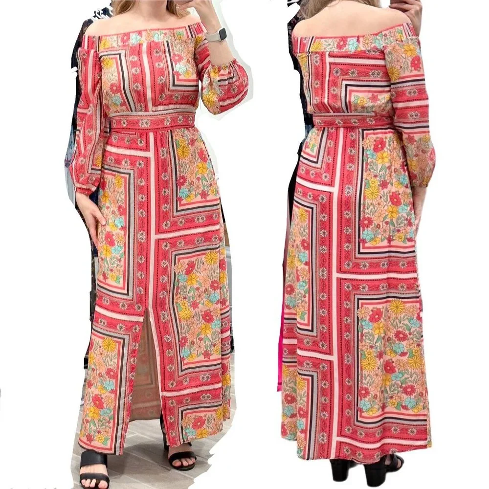 Anthropologie Laia Dea Long Sleeve Printed Off-Shoulder Maxi Dress Women's Sz S